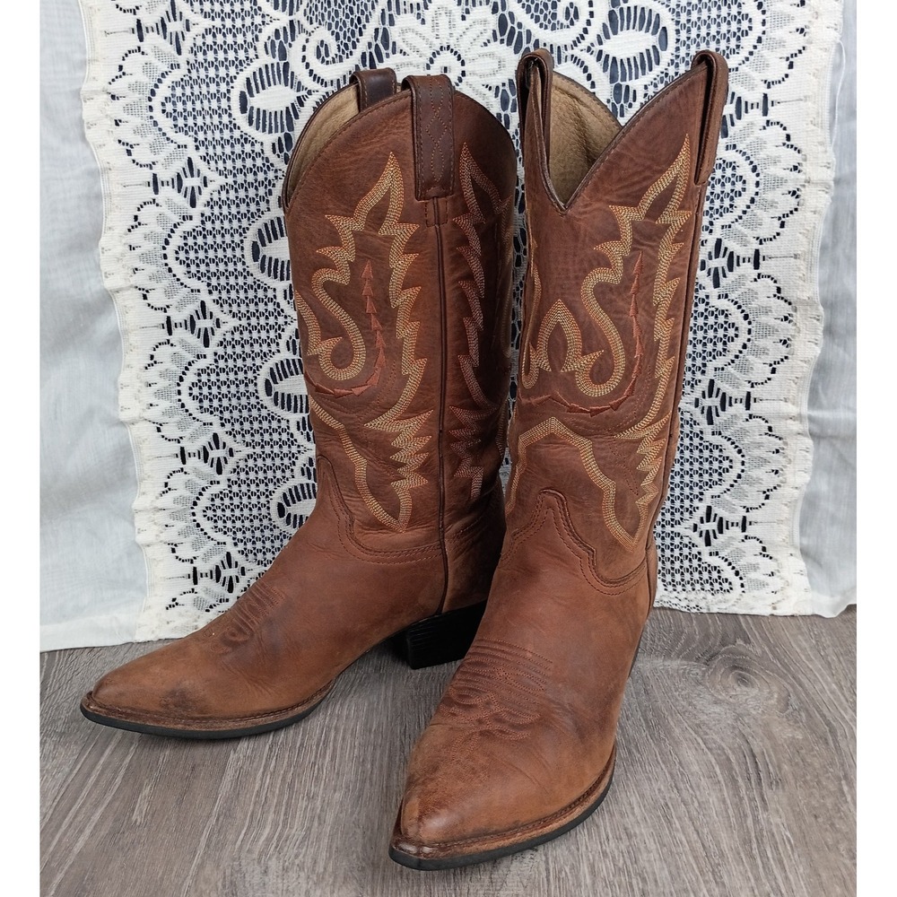 Justin Women's Brown Leather Western Cowboy Boots 8B L4966 Pointed Embroidered